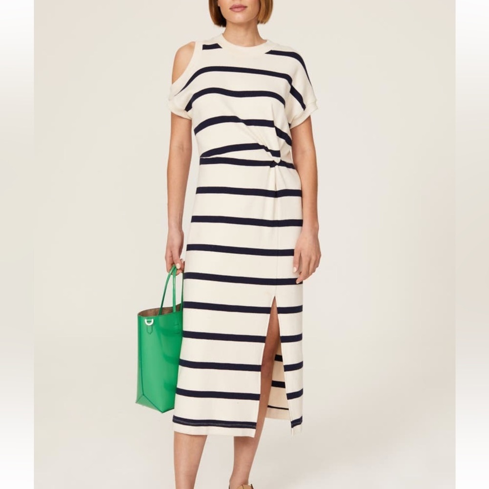 Tanya Taylor Cream and Blue Cold Shoulder Midi Dress